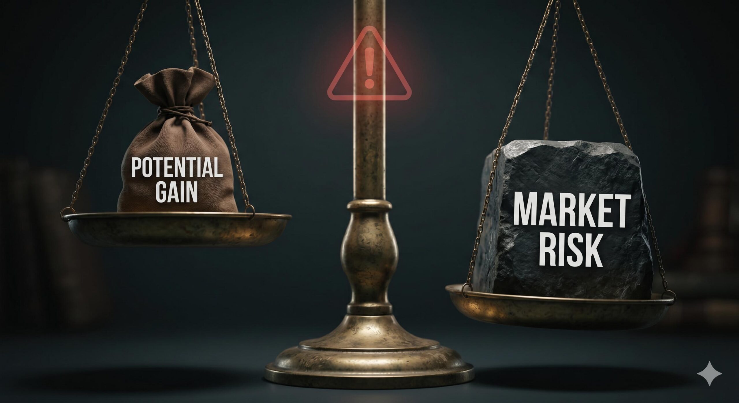 Conceptual image showing a scale tipping heavily toward _Market Risk_ over _Potential Gain.