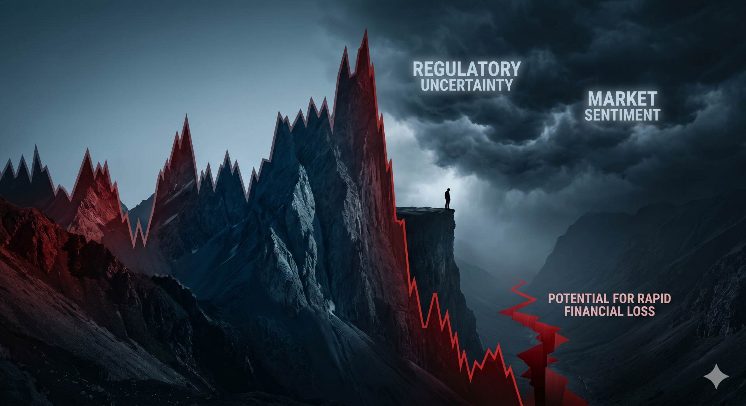 Conceptual visual representing extreme market volatility and regulatory risks for beginner traders.