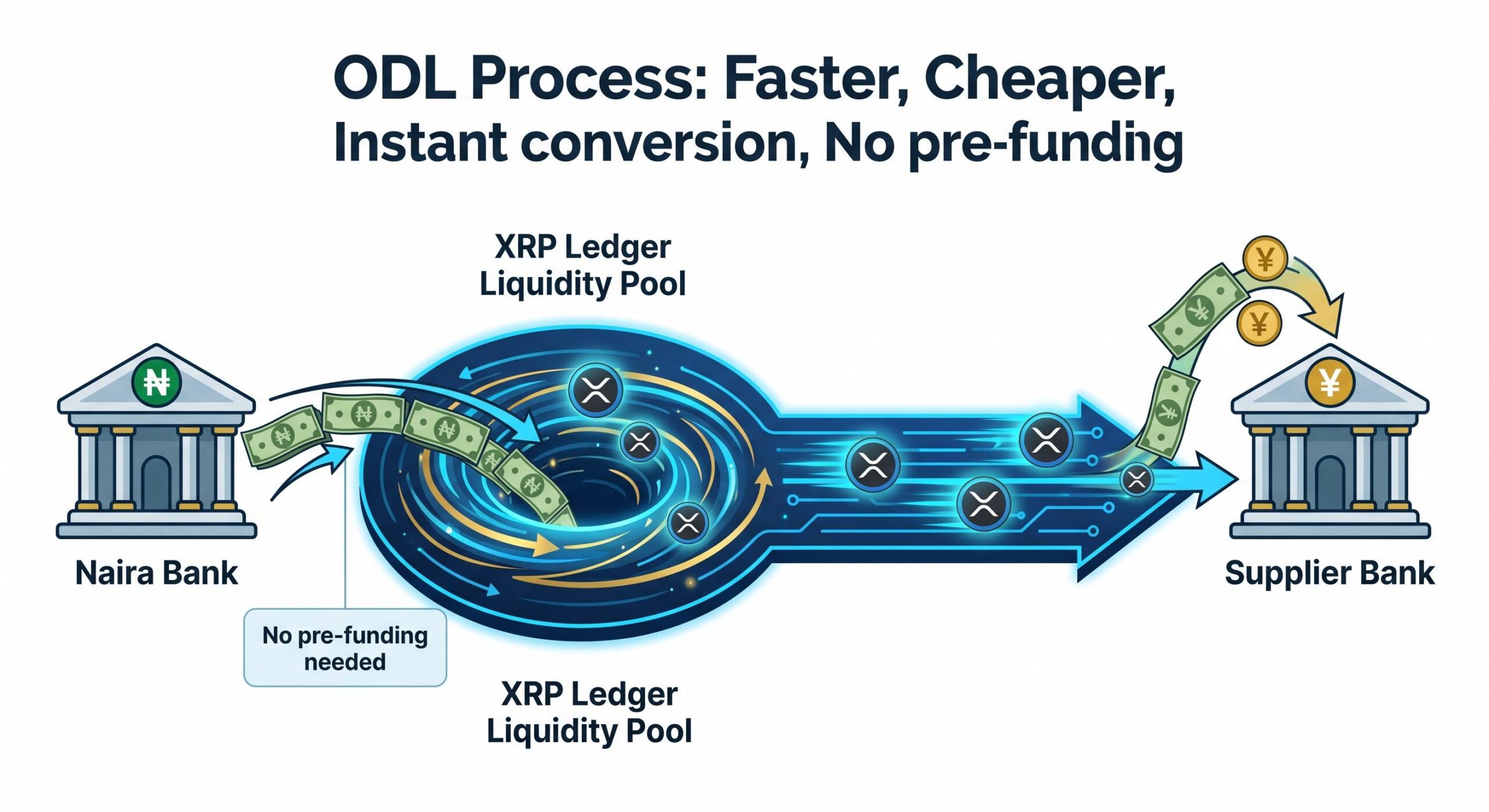 Contrast between slow multi-day traditional wire transfers and instant XRP digital settlement.
