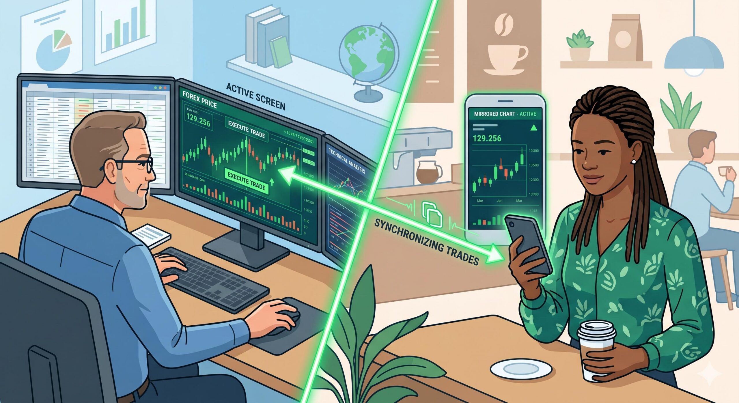 Diagram showing how an expert trader's actions are copied to a beginner's smartphone.