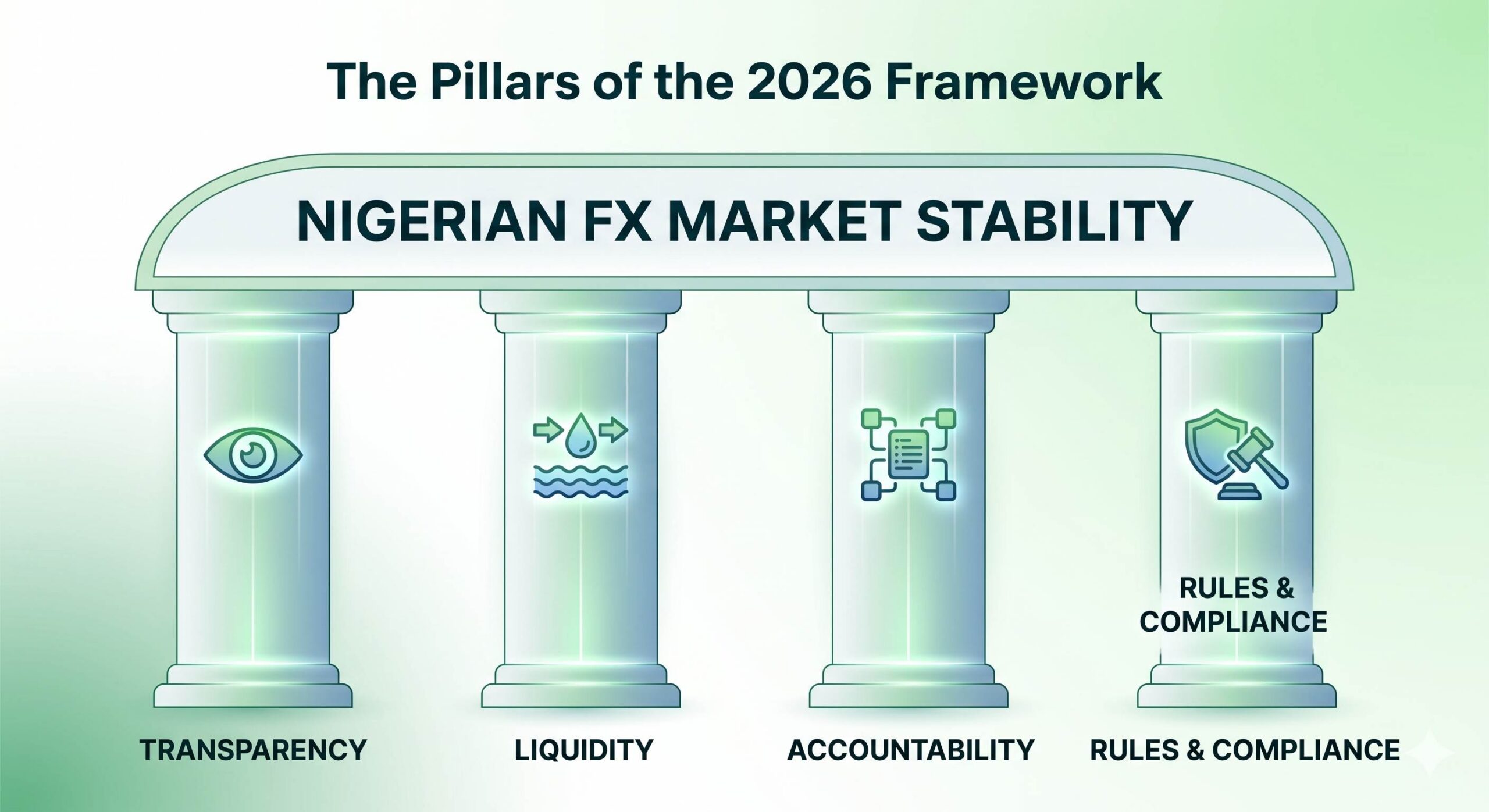 Diagram showing the four main pillars of the CBN 2026 Forex Manual_ Transparency, Liquidity, Accountability, and Compliance.