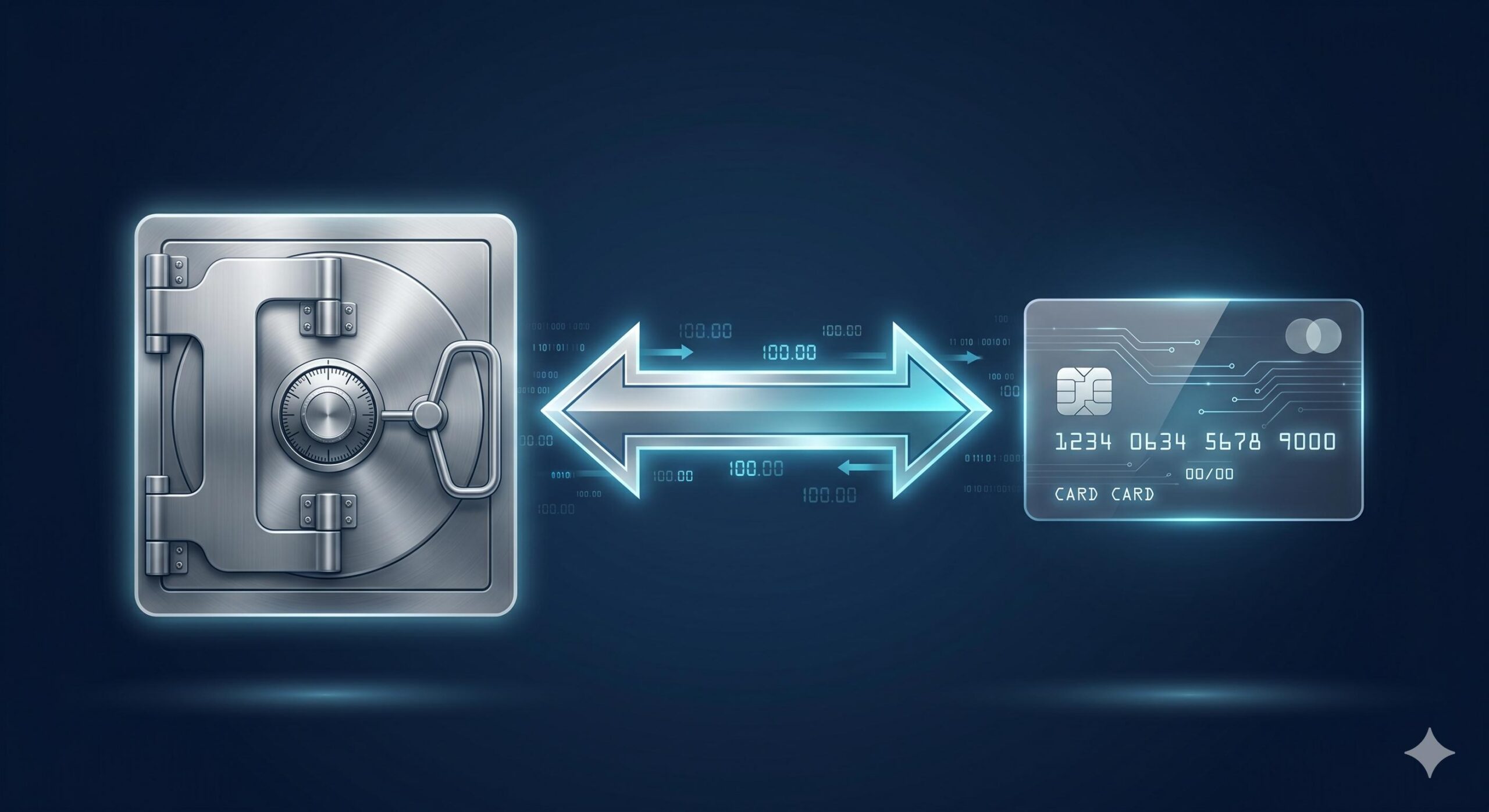 Digital illustration showing a two-way arrow connecting a bank vault to a credit card.
