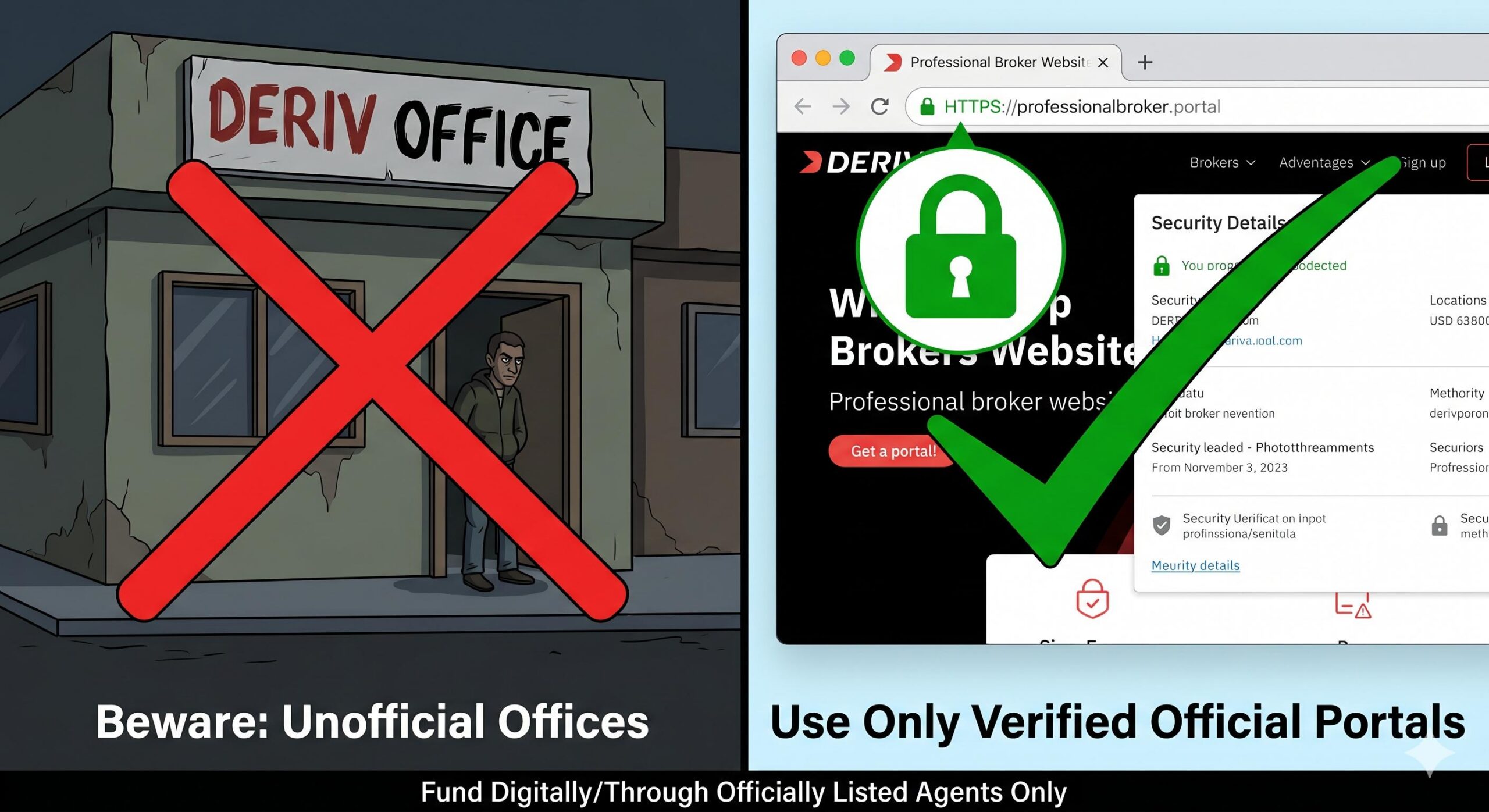 Educational comparison showing a fake office with a red X and a secure official website with a green checkmark.