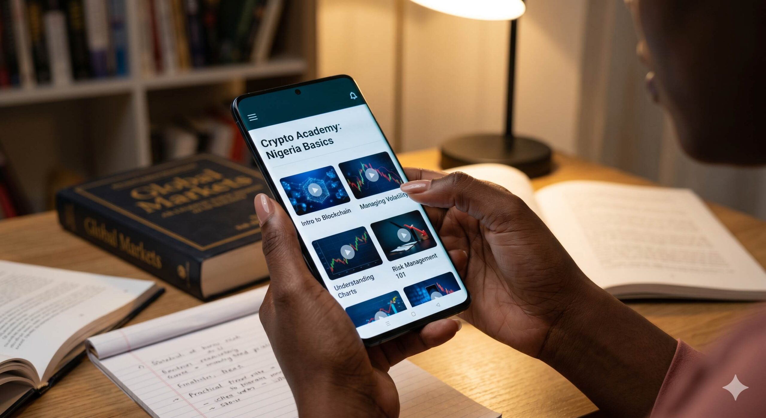 Educational crypto tutorials on mobile screen.
