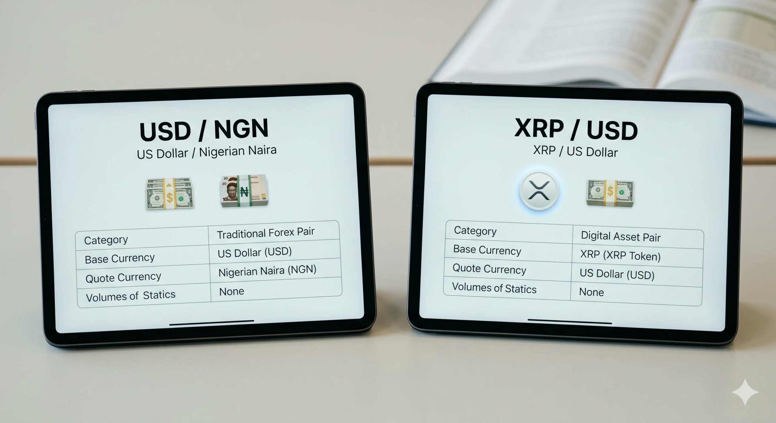 Educational image comparing the structure of traditional forex pairs (USD_NGN) to digital asset pairs (XRP_USD).