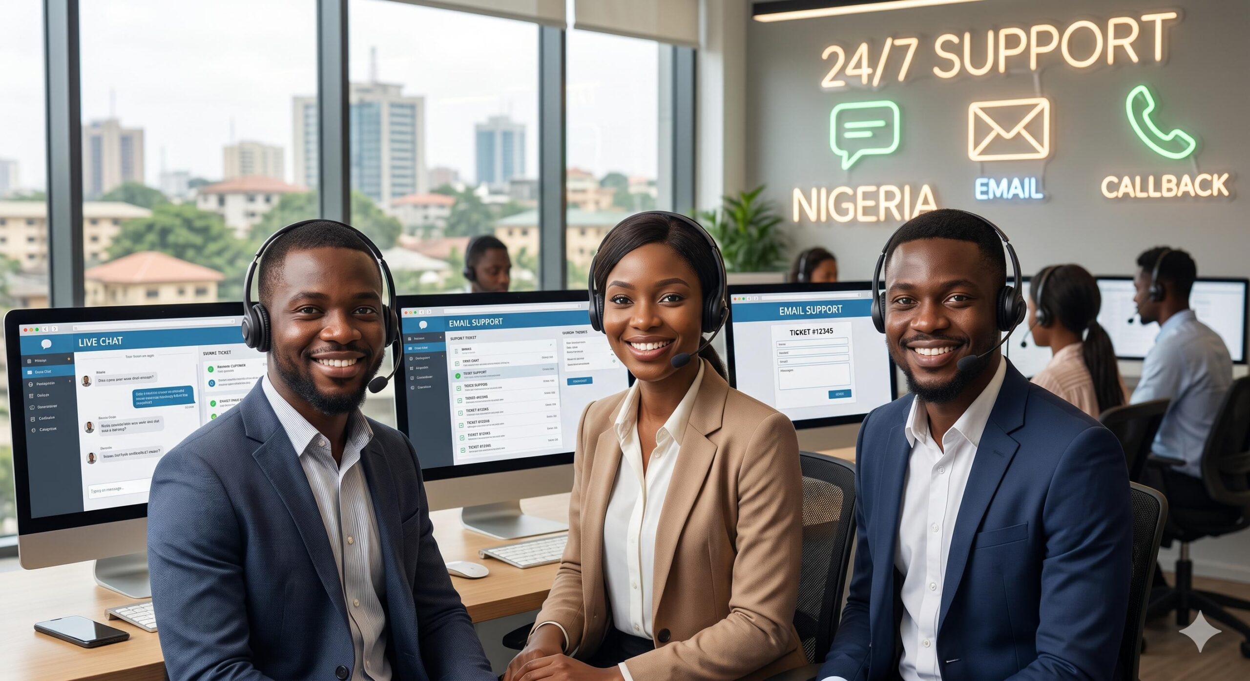 Friendly customer support agents showcasing online live chat, email, and callback support options.
