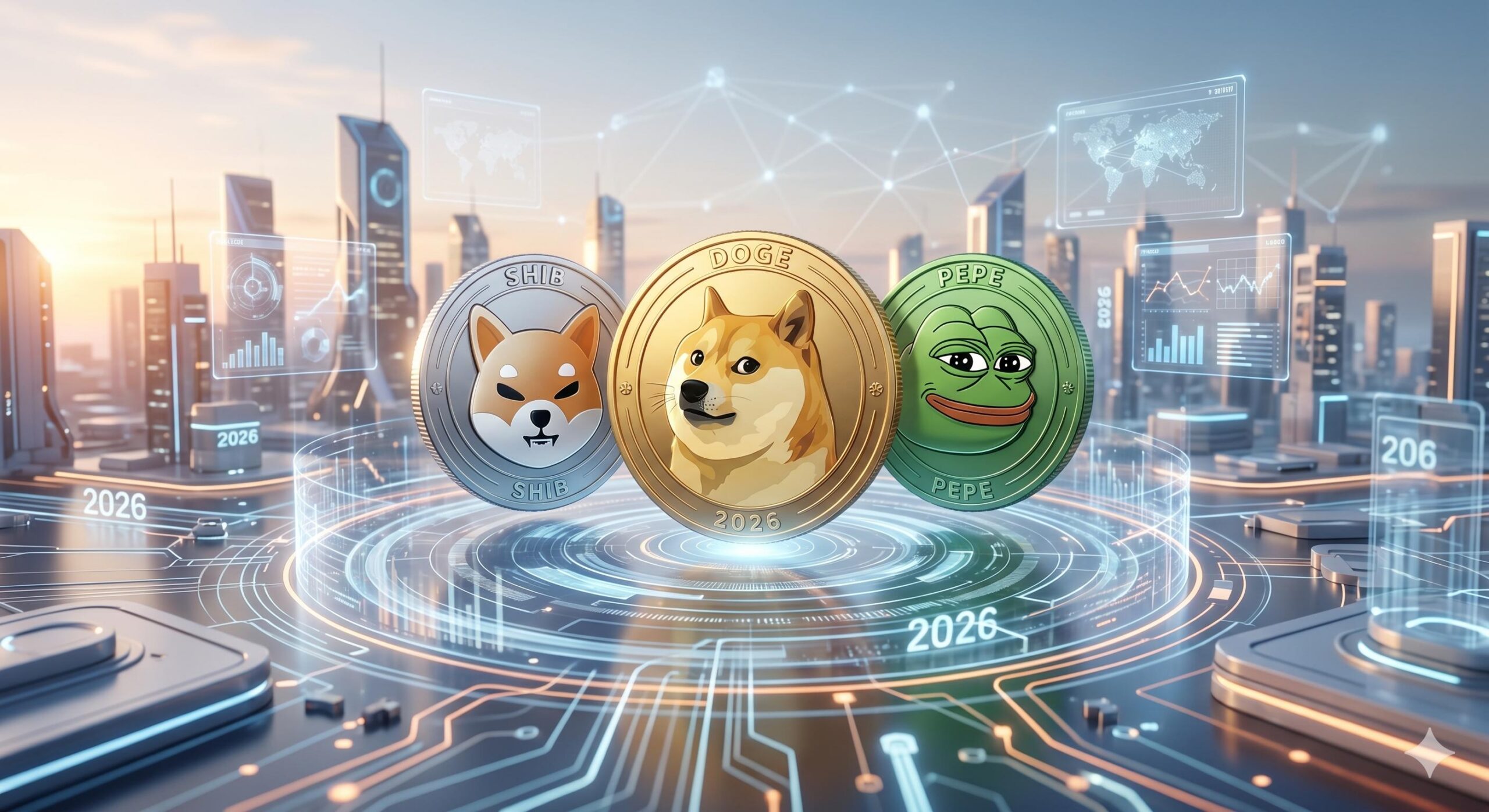 Futuristic 3D tokens representing the top meme coins of 2026, Dogecoin, Shiba Inu, and Pepe.