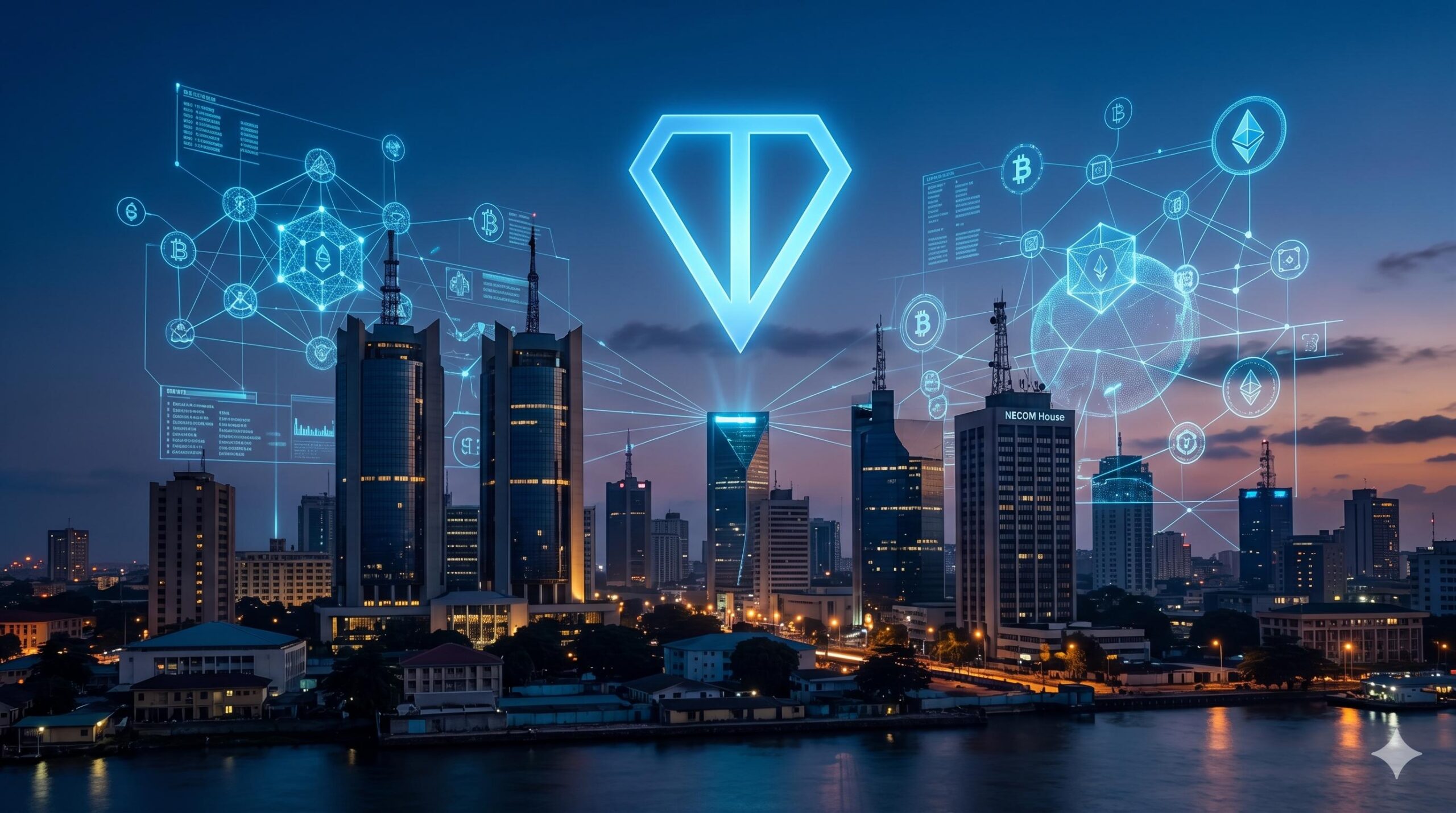 Futuristic view of the Lagos skyline integrated with glowing blockchain data and the blue Toncoin (TON) logo. 