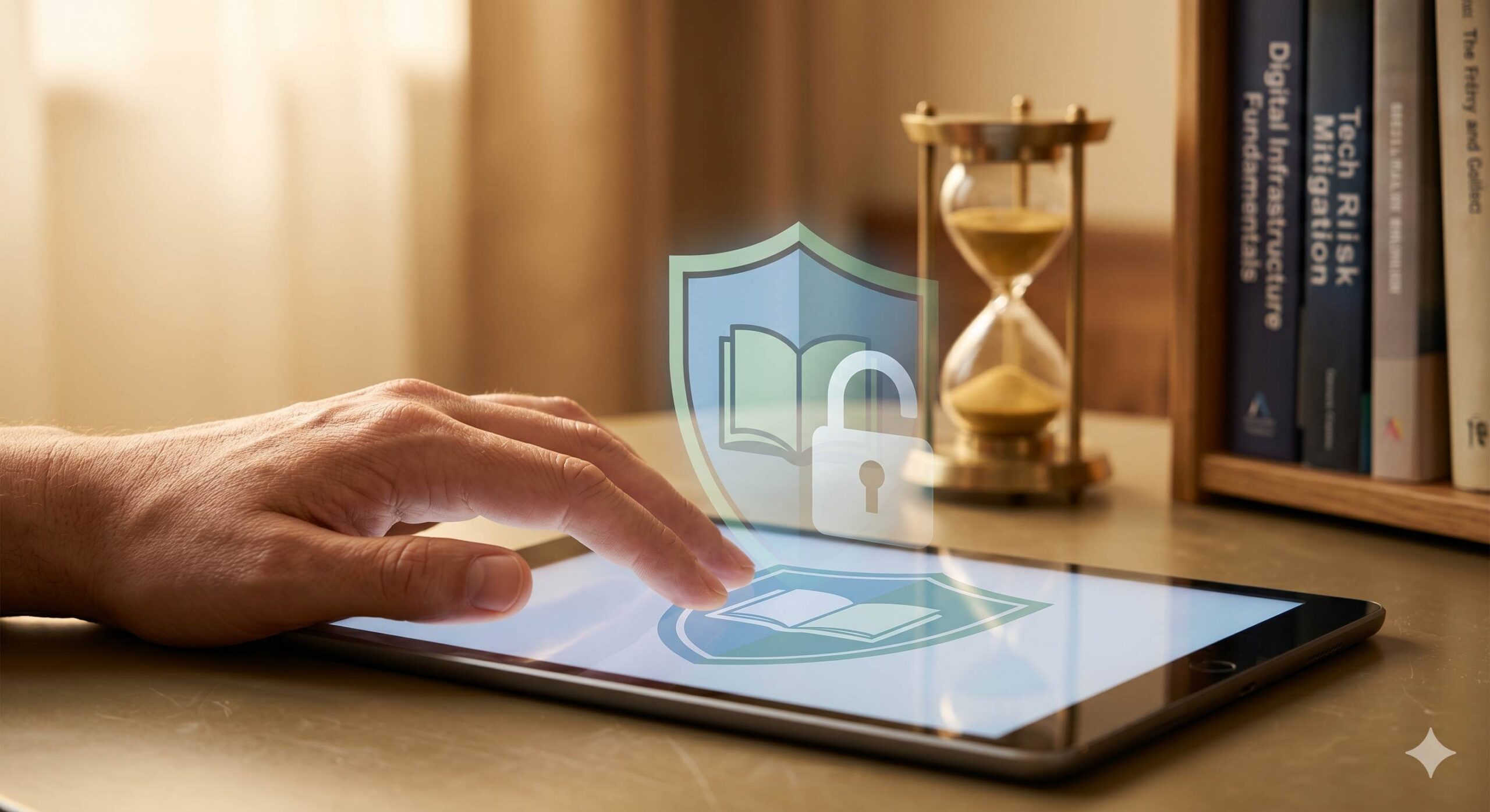 Hand on secure tablet showing an educational shield icon and blurred hourglass.