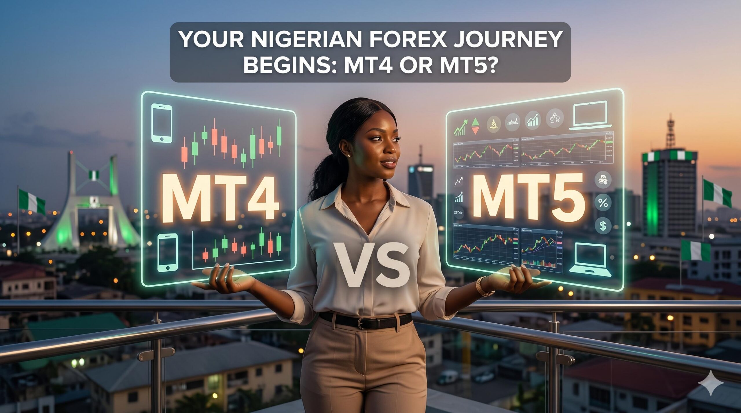 Hero image comparing MT4 and MT5 for Nigerian beginners.