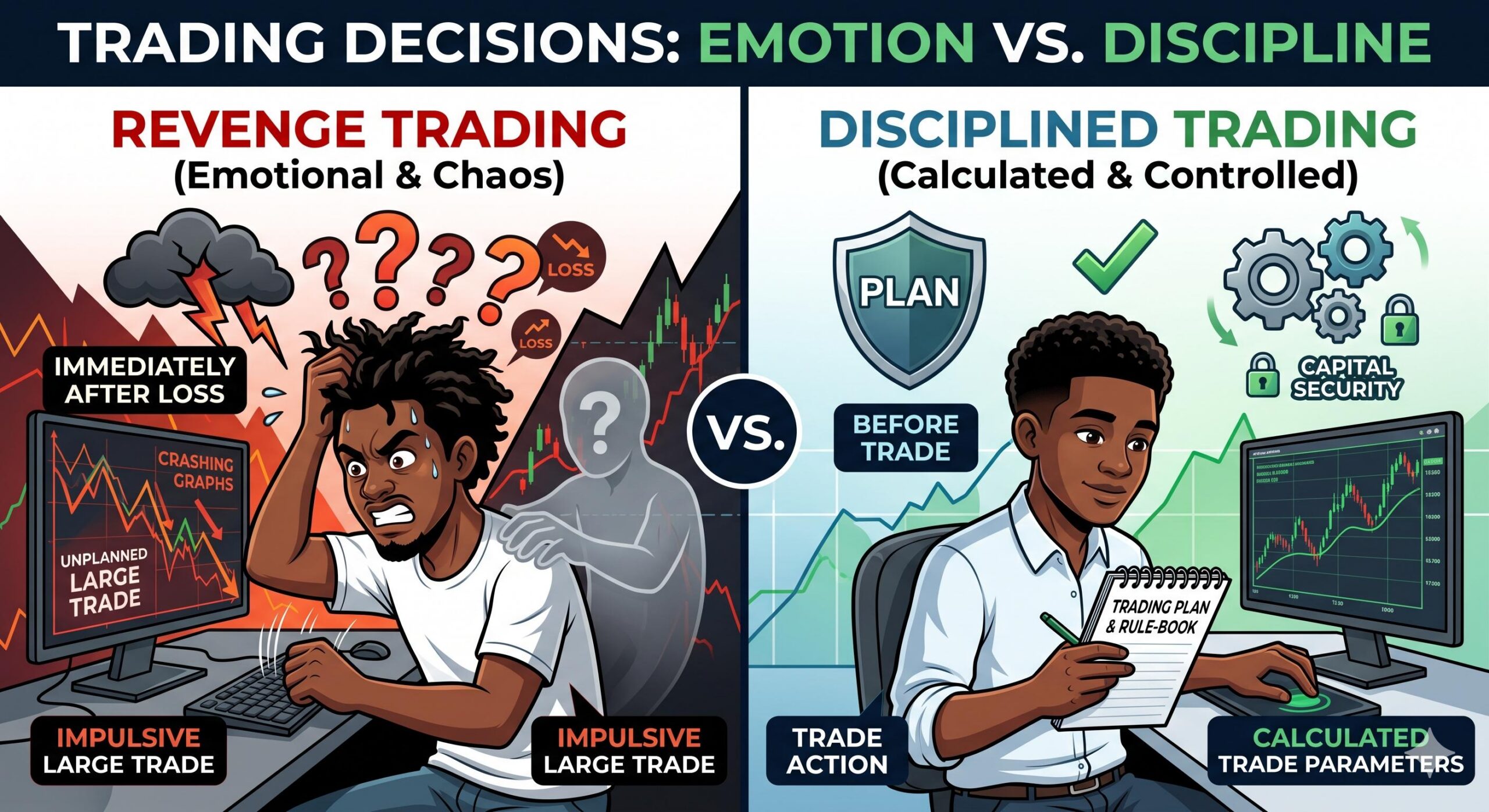 Illustration contrasting emotional revenge trading with disciplined, calculated trading in forex.