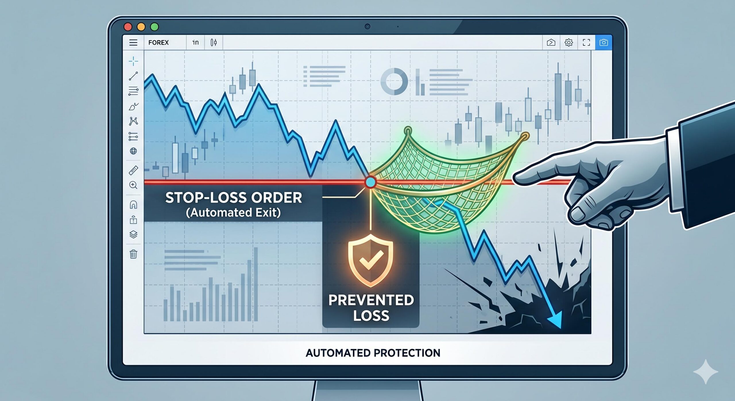 Illustration of an automated stop-loss order preventing further losses on a forex chart.