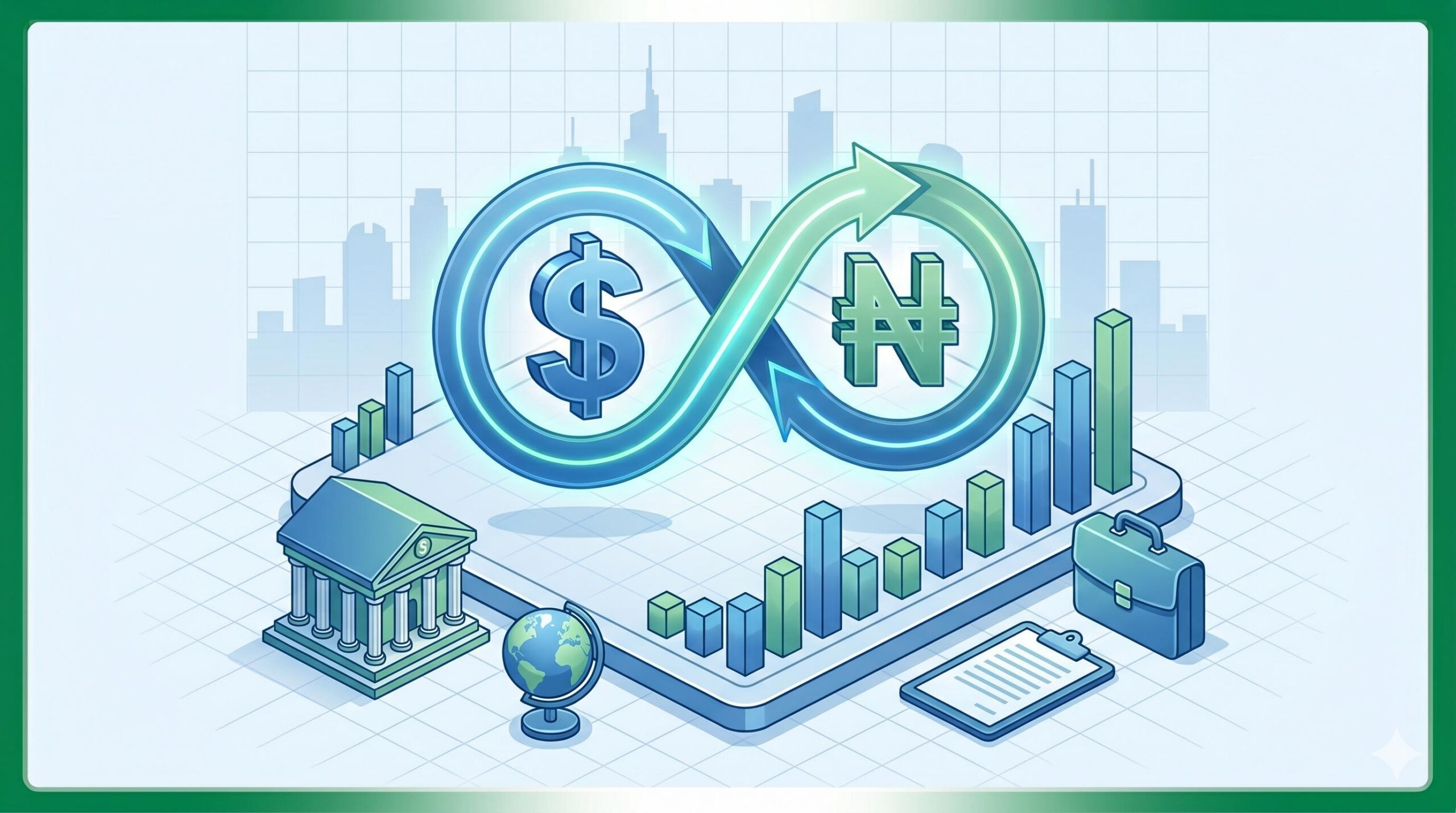 Illustration of global Forex market exchange showing currency pairs and macroeconomic trading elements.