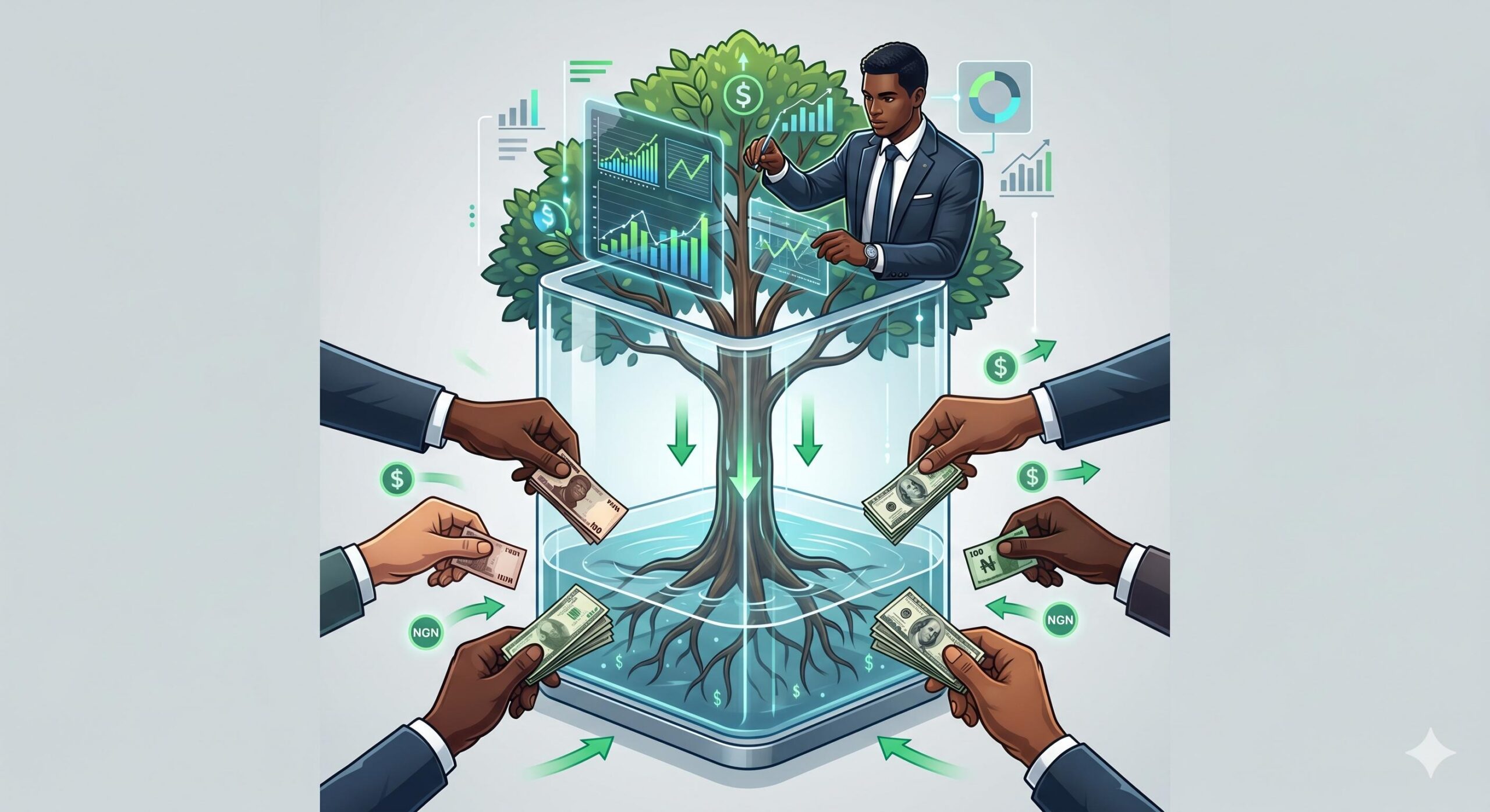 Illustration of multiple investors pooling funds into a single managed Forex account (PAMM).