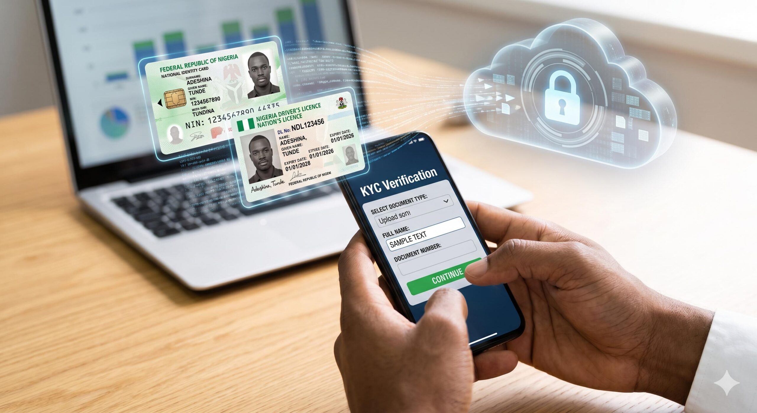 Illustrative photo showing secure digital document upload for KYC verification in Nigeria.
