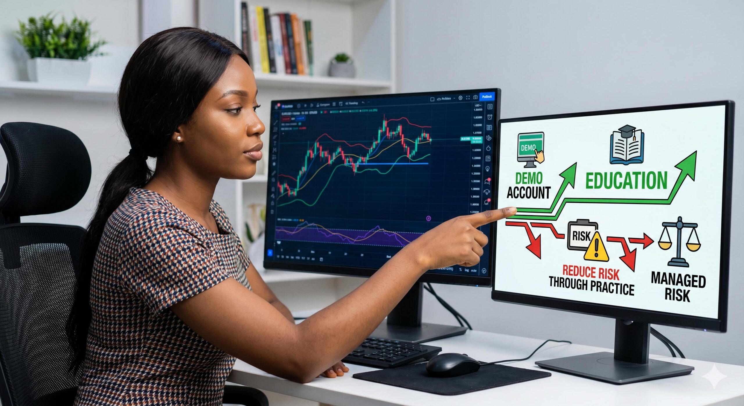 Image promoting risk management, education, and demo account practice for responsible trading in Nigeria.
