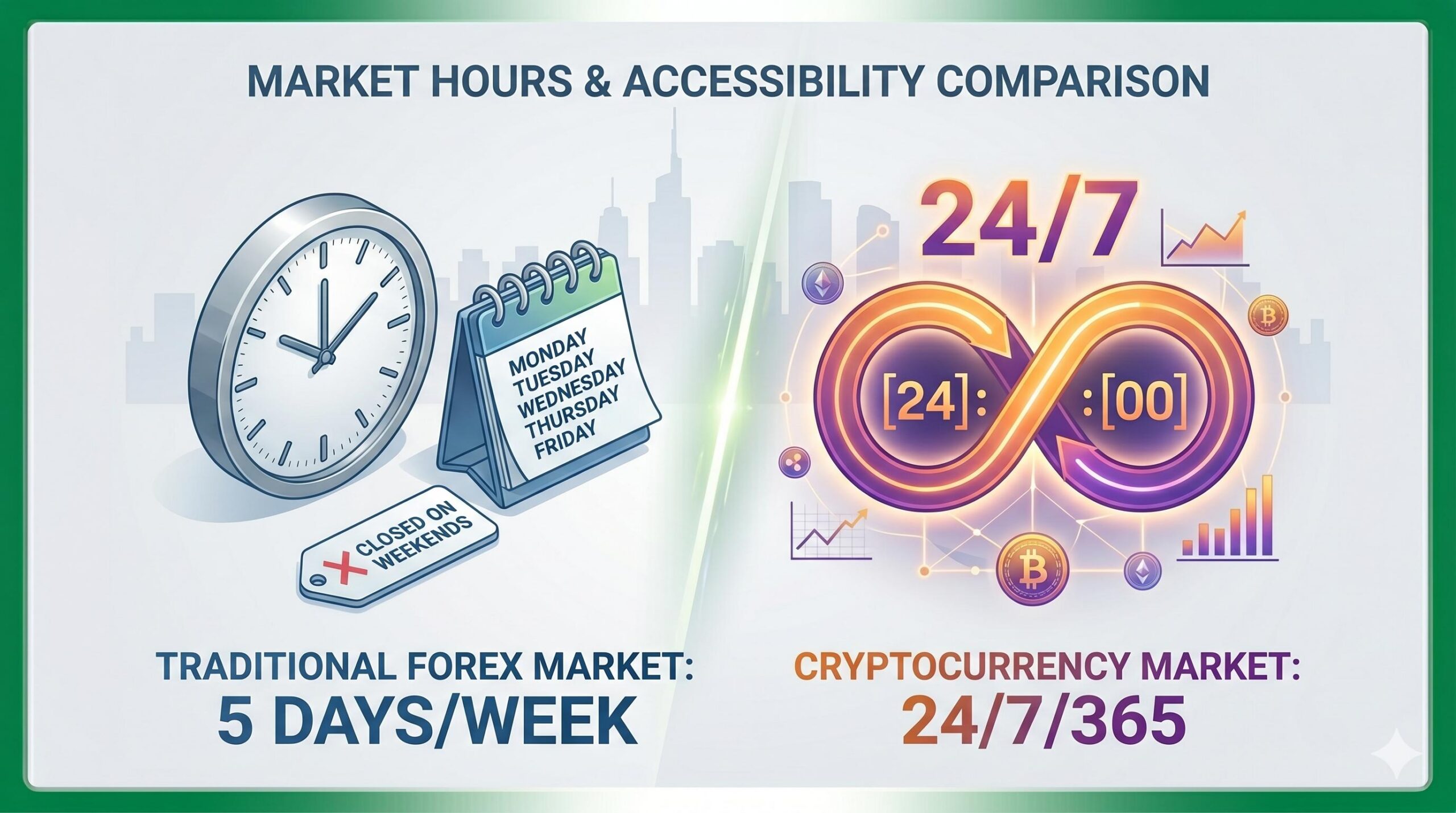 Infographic comparing the 5-day traditional Forex market hours with the 24_7 Cryptocurrency market availability.