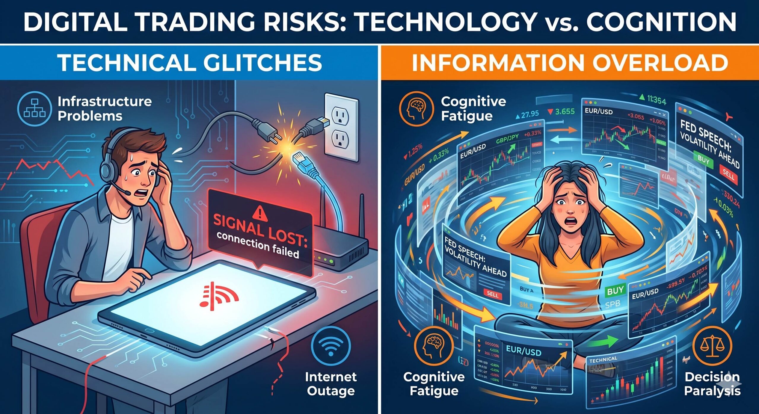 Infographic contrasting technical signal loss and information overload in digital trading.