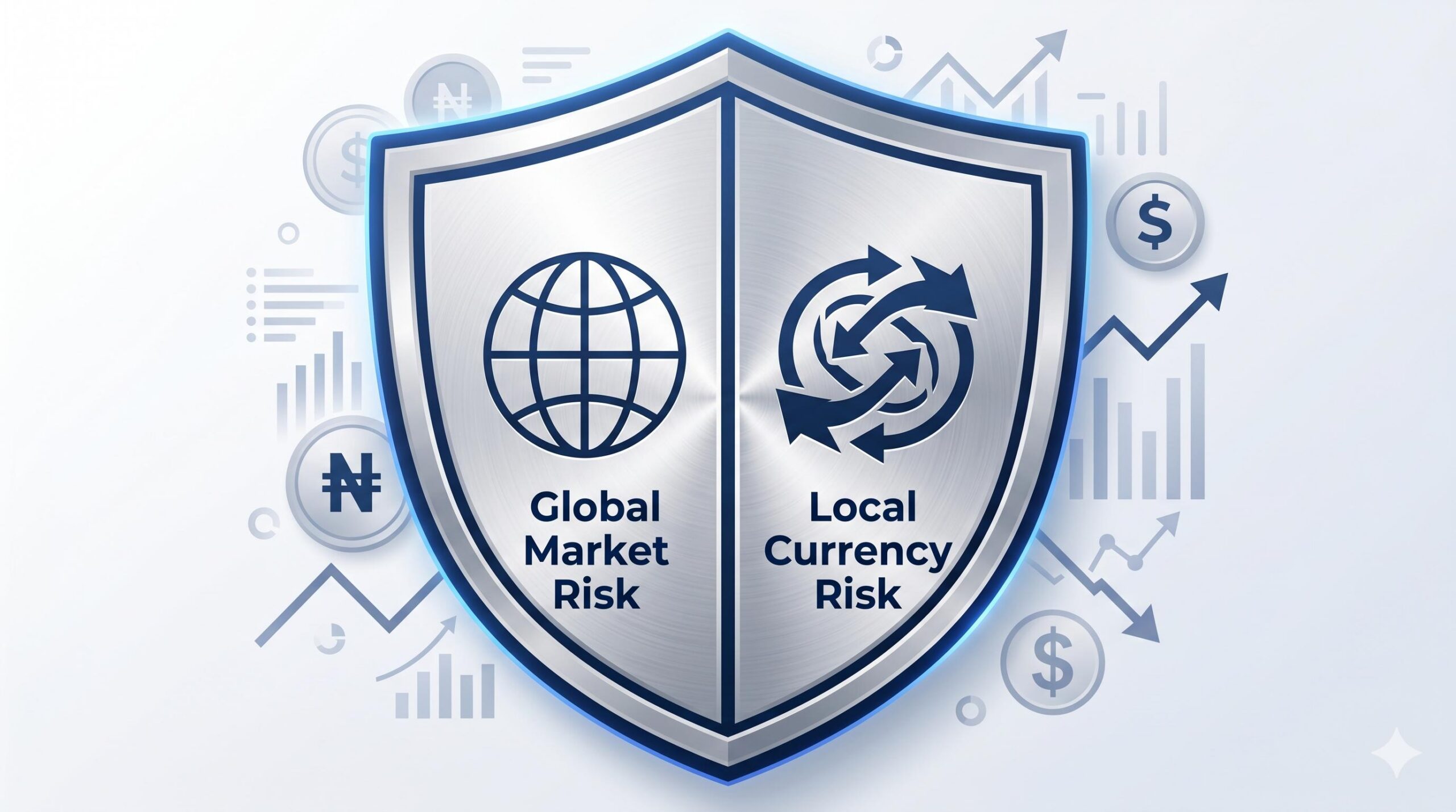 Infographic shield showing global market risk and local currency risk.