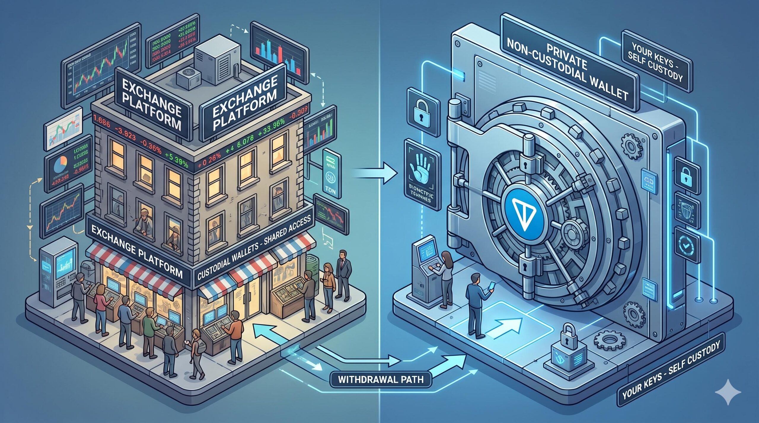 Isometric illustration showing a generic crypto exchange building on the left (crowded with data), and a private, reinforced digital vault door with the Toncoin (TON) logo engraved on the right.
