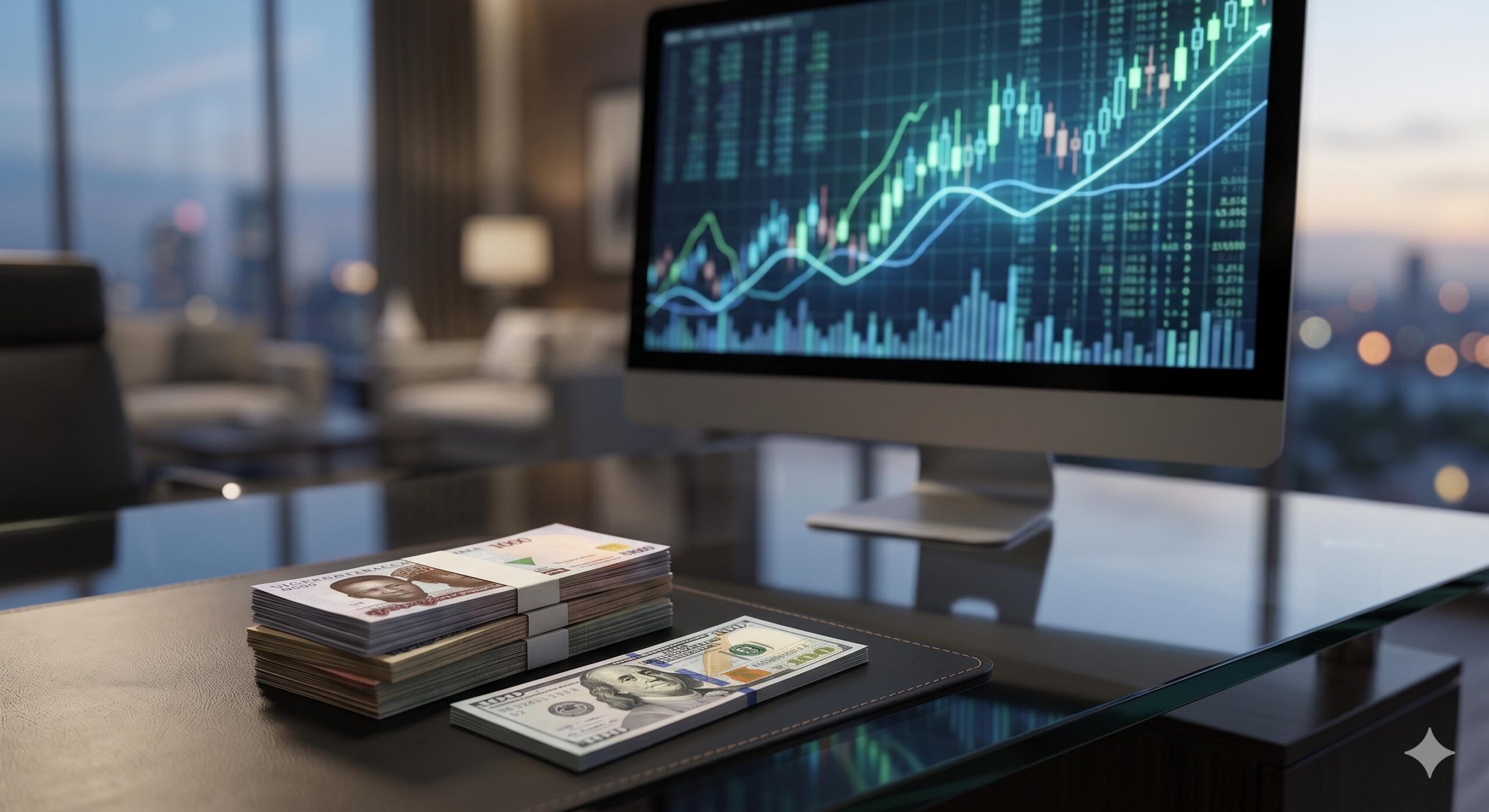 Nigerian Naira and US Dollar bills next to a digital forex chart.