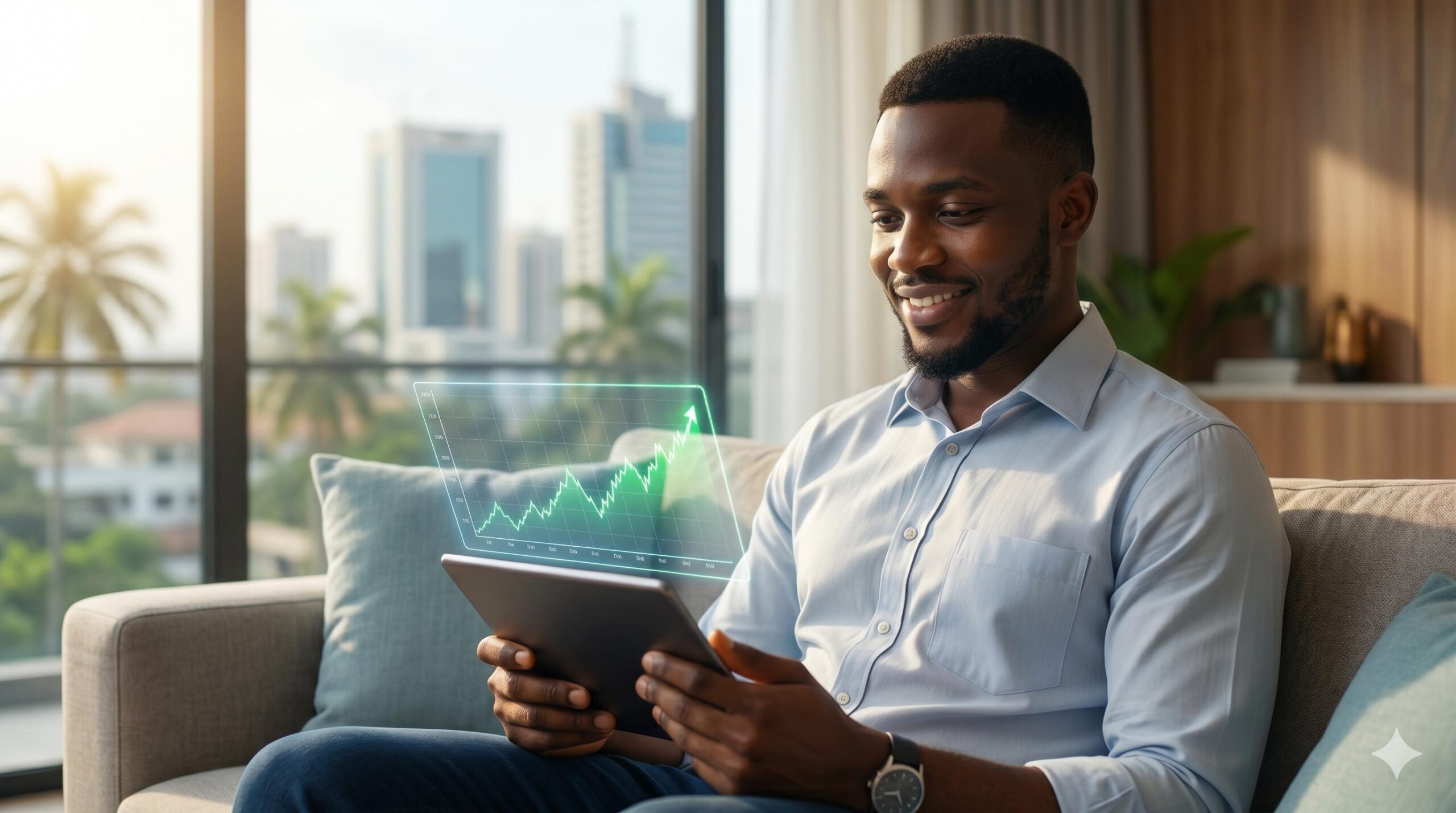 Nigerian beginner trader holding a tablet showing Forex charts in a modern apartment.