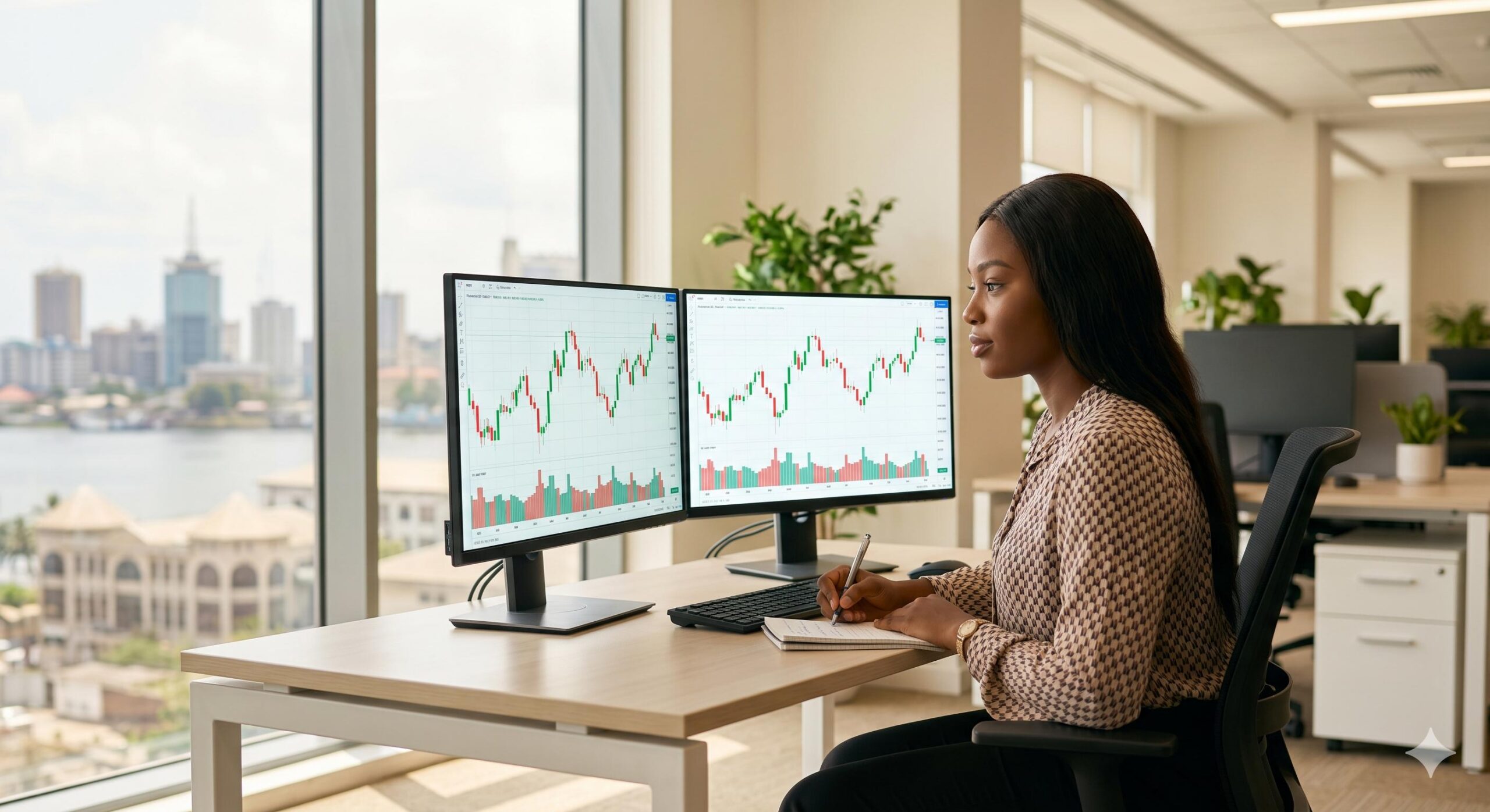 Nigerian beginner trader in a Lagos office studying forex charts