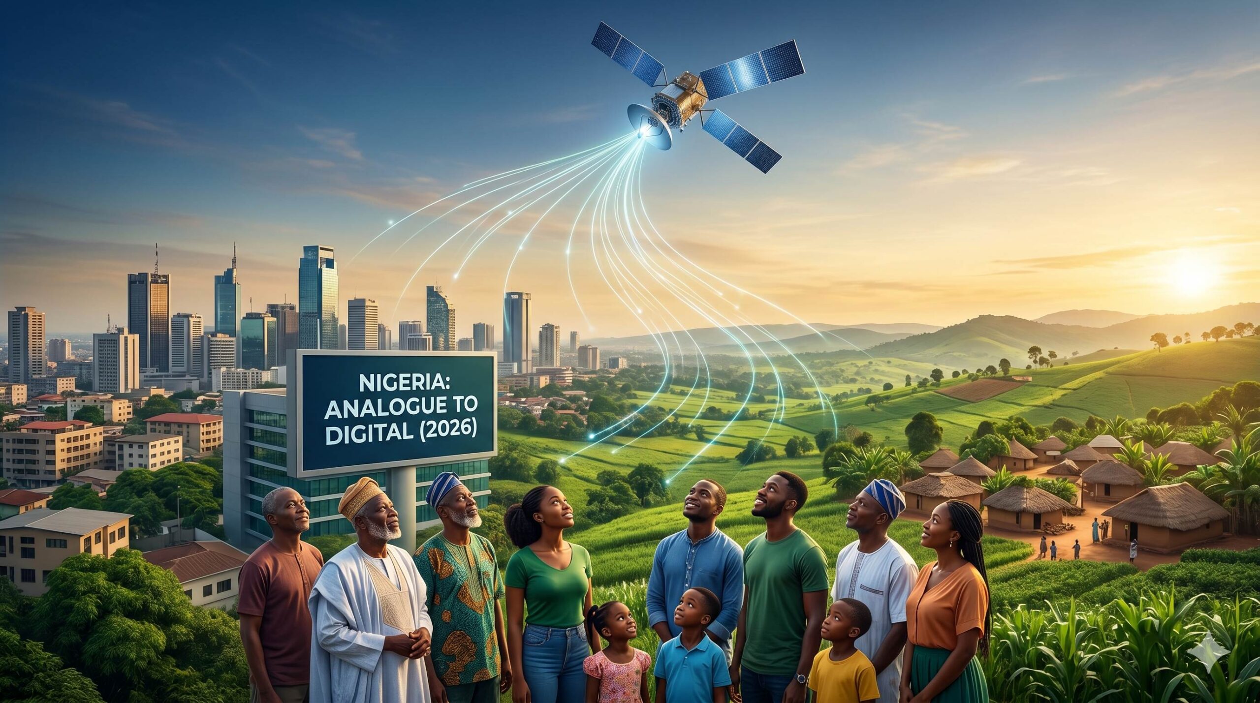 Nigerian people and digital network under a satellite, symbolizing the national digital switchover.