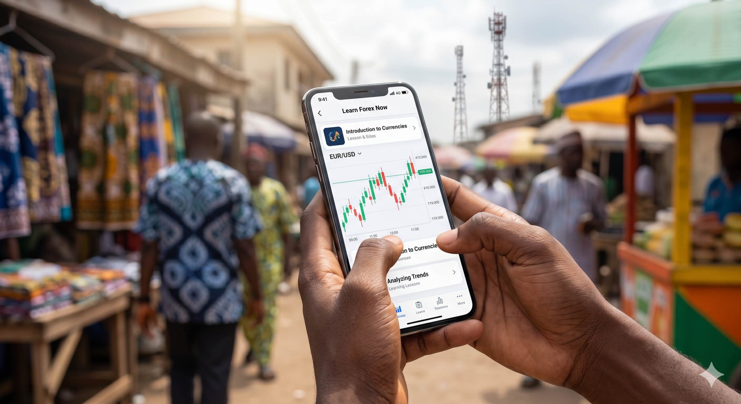 Person using a smartphone with full signal bars to view educational financial charts.