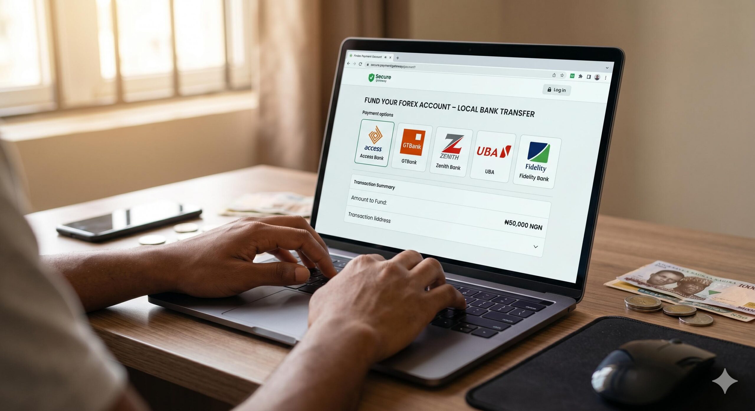 Photo illustrating funding an online forex account in Nigeria using local bank transfers.