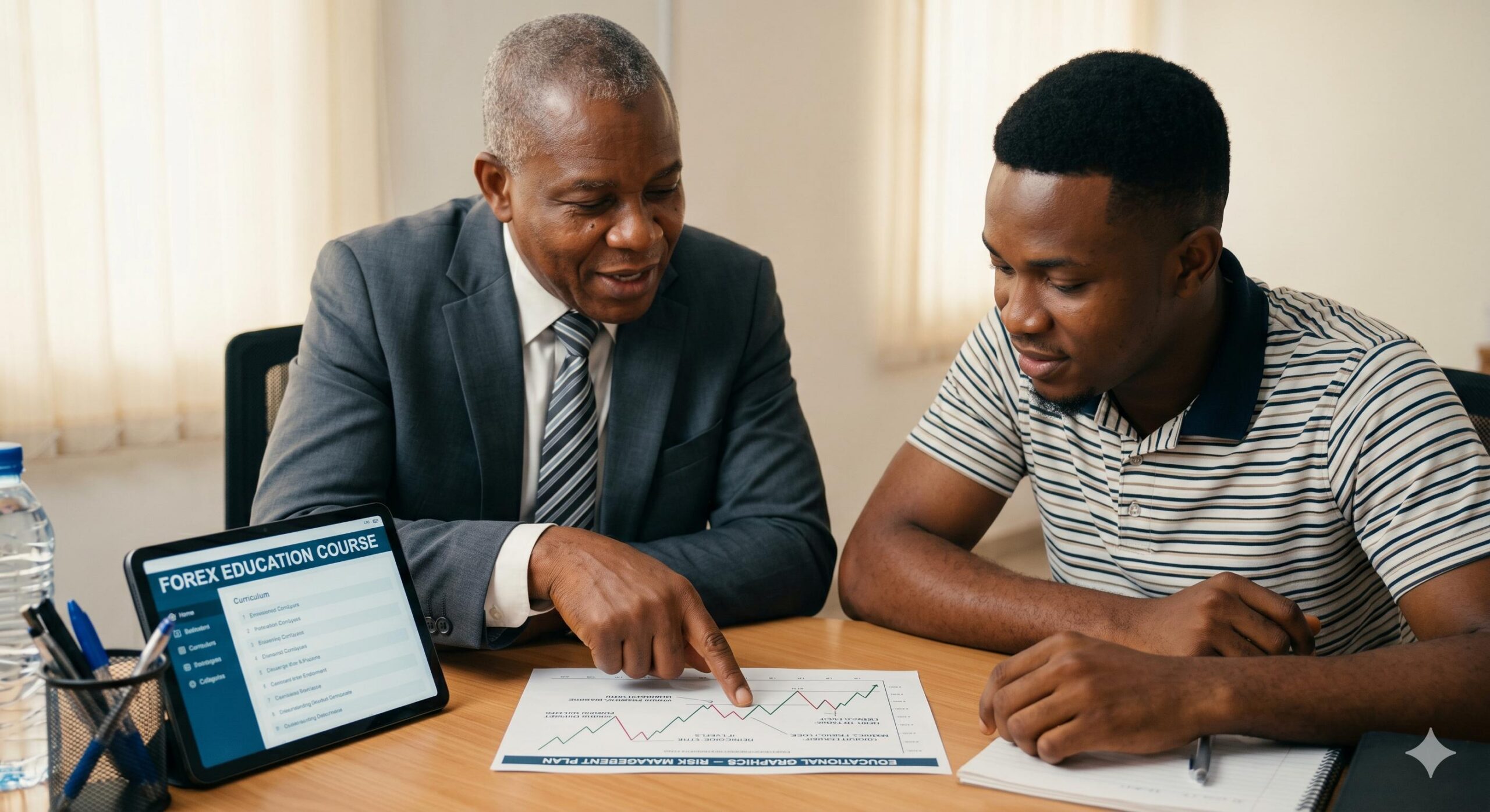 Professional advisor guiding a student with forex education materials