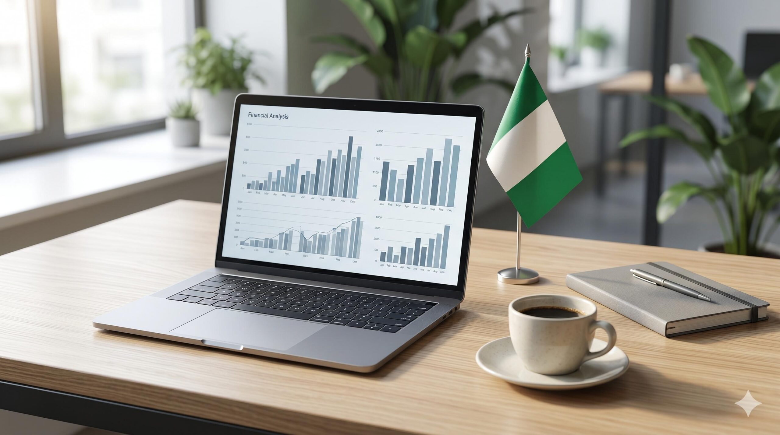 Professional desk setup with a laptop displaying financial charts and a small Nigerian flag.