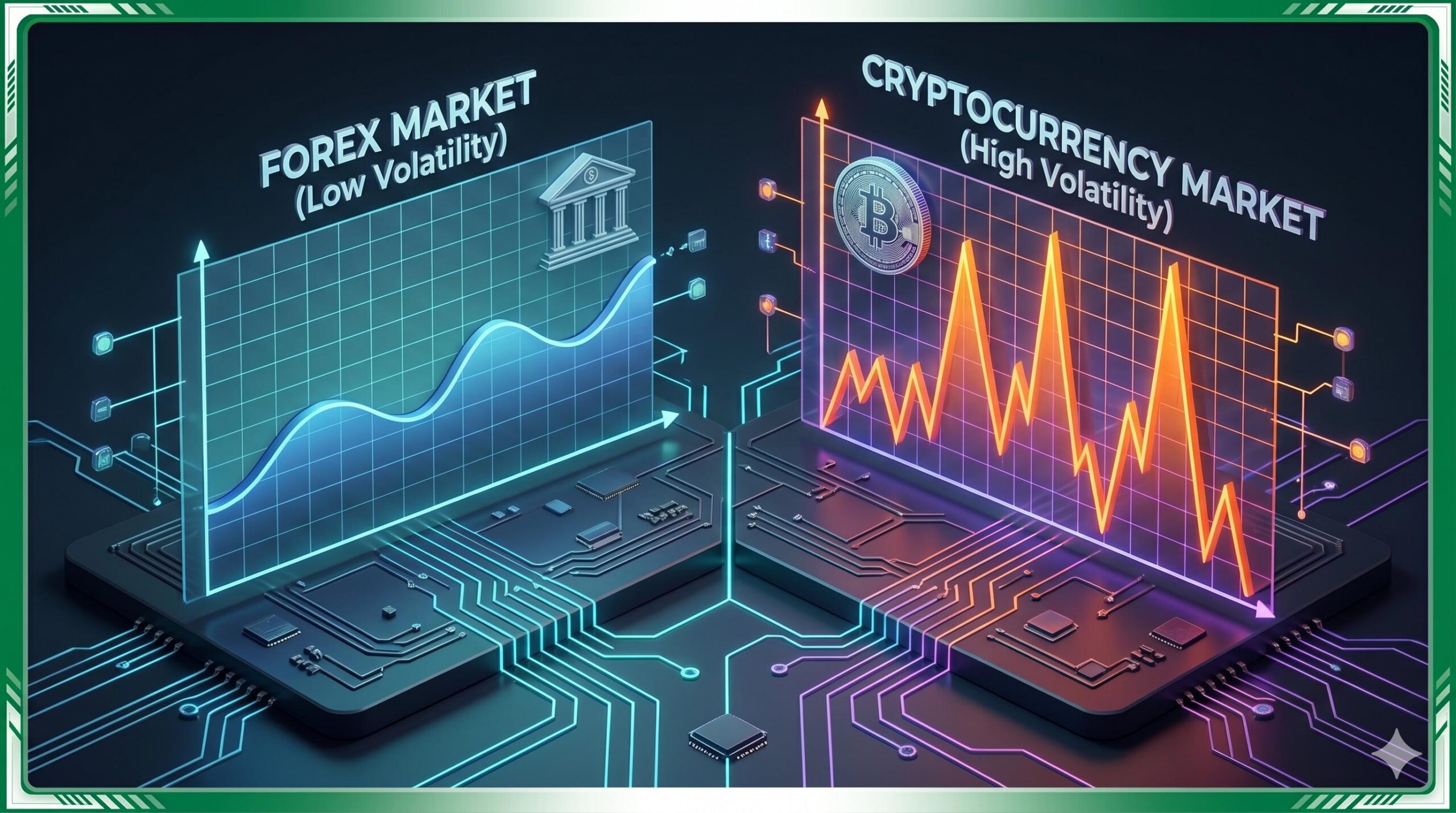 Side-by-side financial charts comparing the low volatility of Forex markets to the high volatility of Cryptocurrency markets.