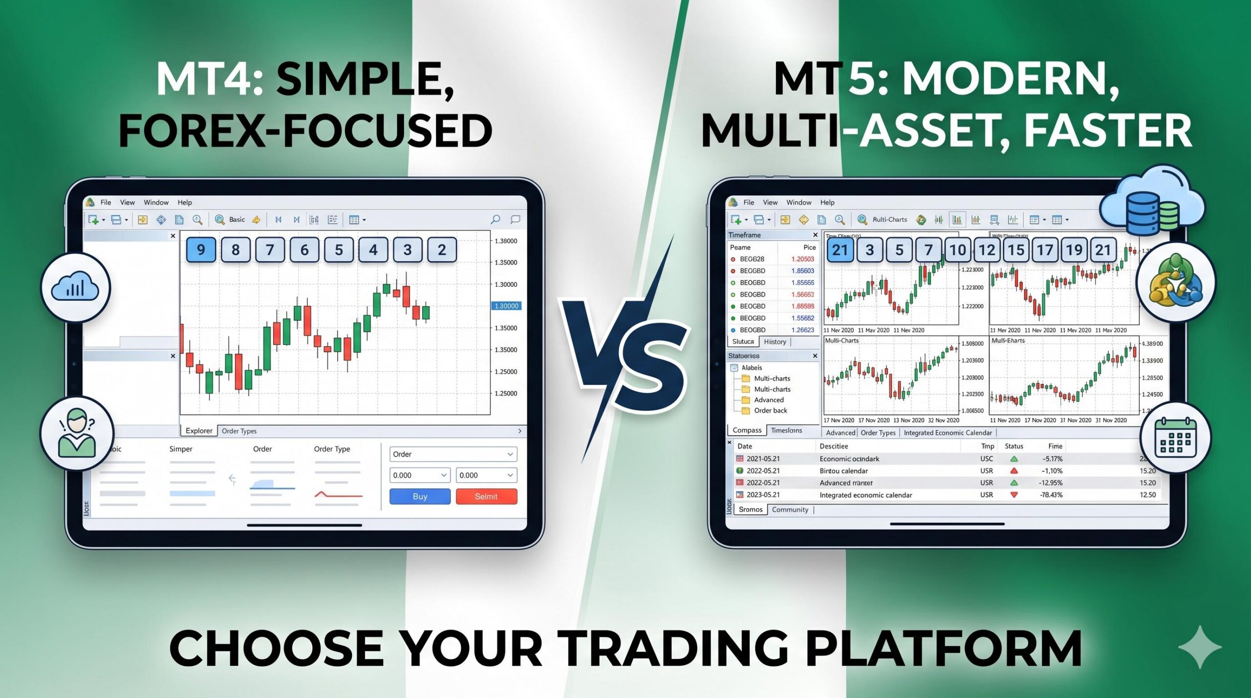 Visual comparison graphic of MT4 and MT5 key features.