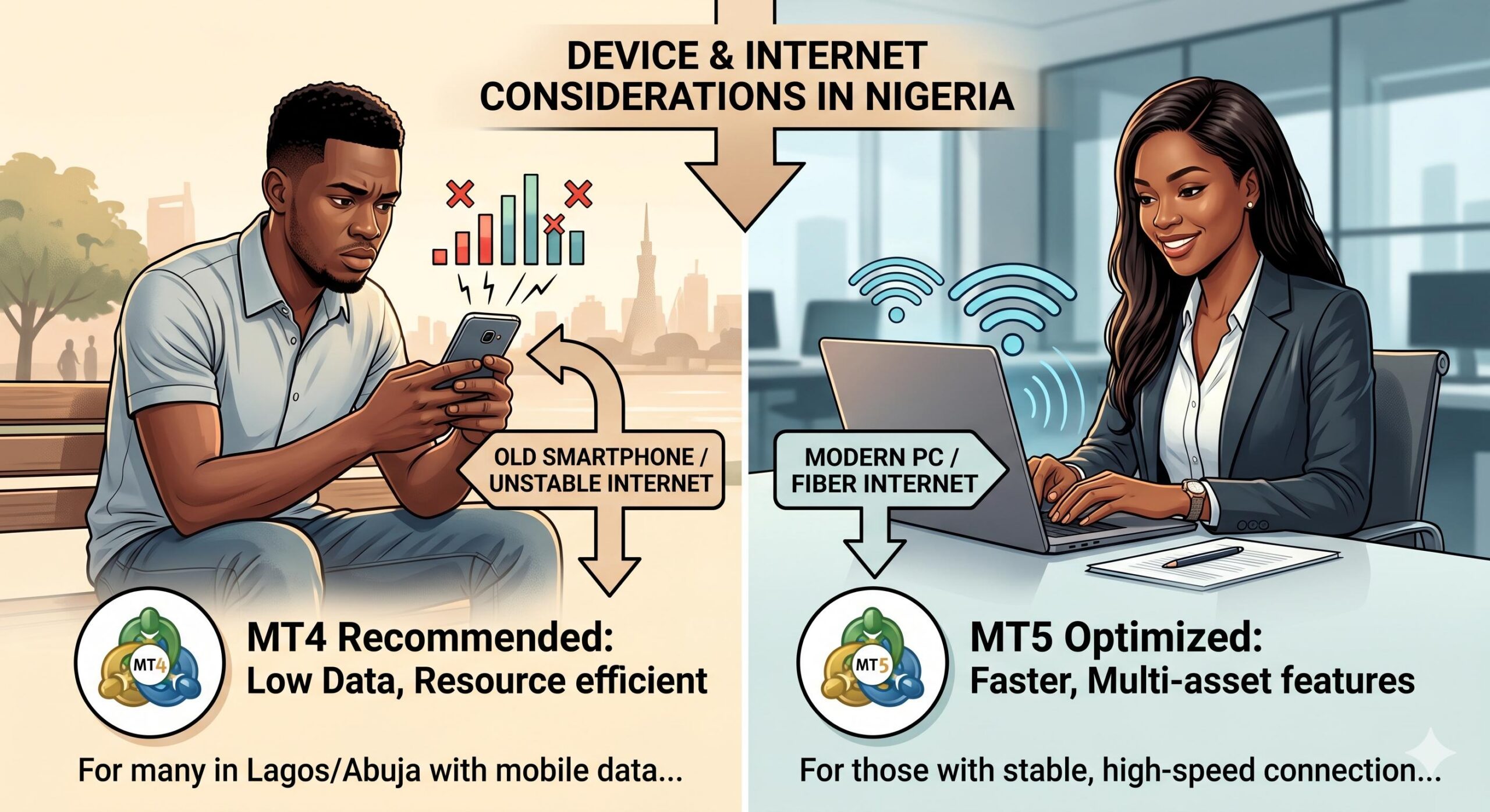 Visual guide illustrating MT4_MT5 choice based on Nigerian context (device, internet).