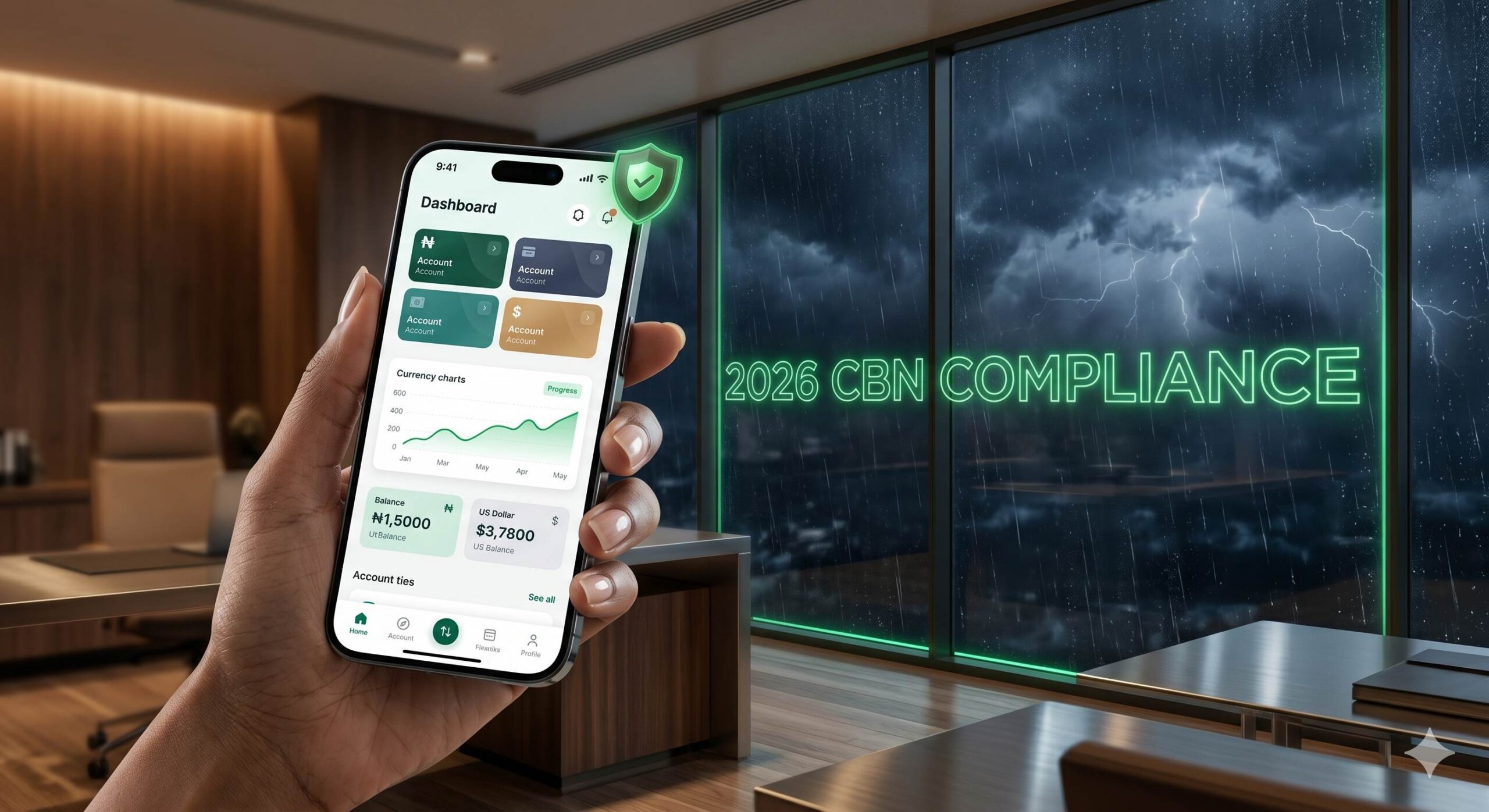 Visualizing safety_ a compliant financial app within the regulated CBN 2026 framework, contrasting with a stormy, risky external market.